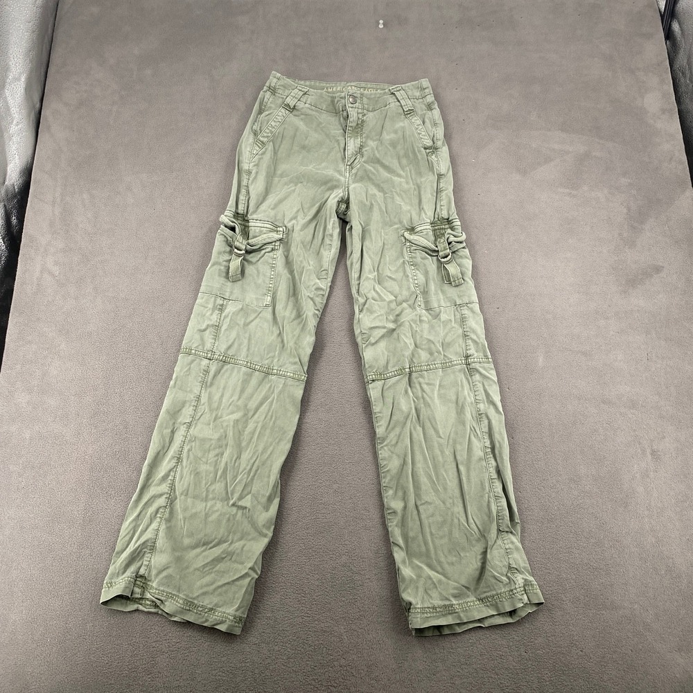 American Eagle Green Cargo Pants Y2K Wide Leg Lyocell Stretch Size 000 Regular